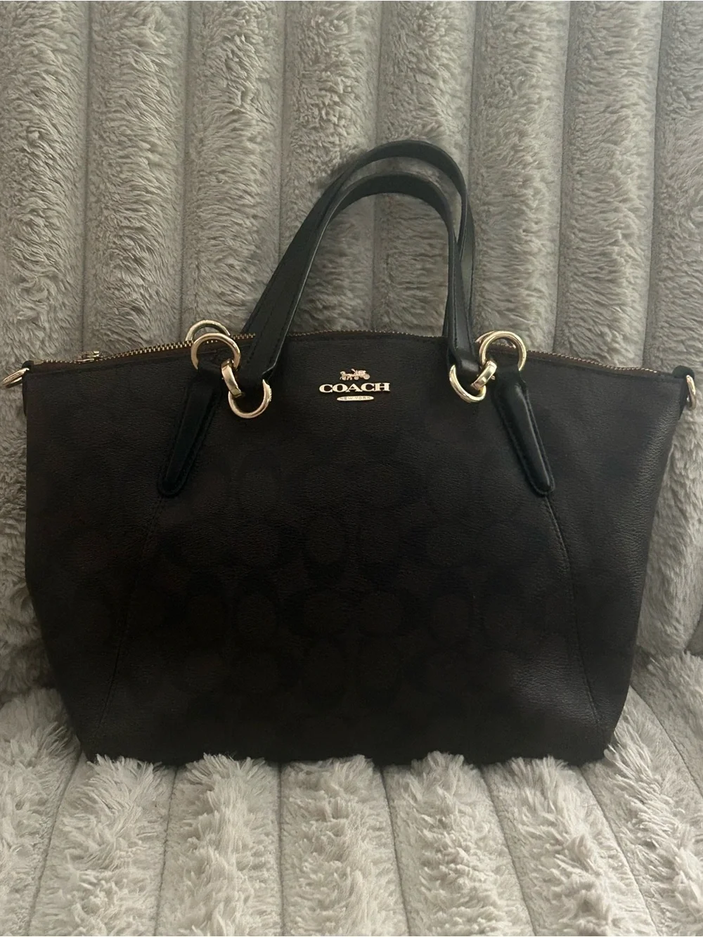 Coach Signature Zip Top Satchel Black Canvas Leather Crossbody Tote F28989